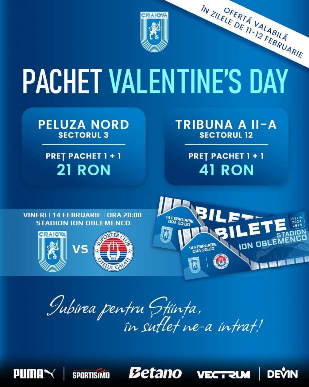 Pachet Valentine’s Day la meciul cu Oțelul Galați 